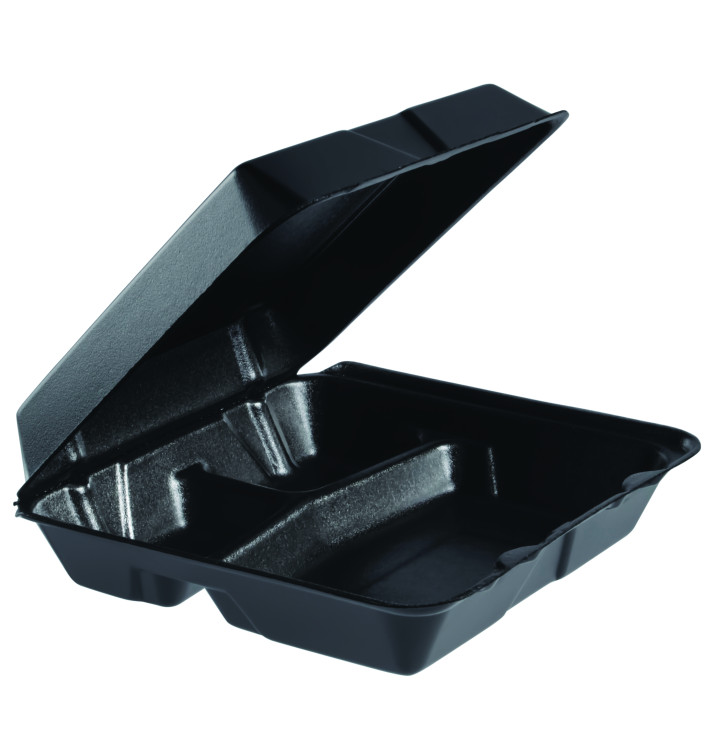 Foam Lunch Box 3 Compartments Removable Lid Black 2,40x2,35cm (200 Units)