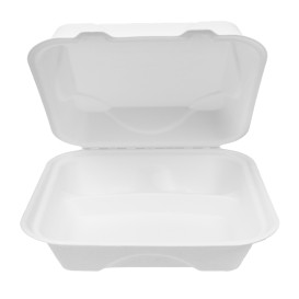 Sugarcane Hinged Container "Menu Box" 3 Compartments White 20x20x7,5cm (50 Units) 