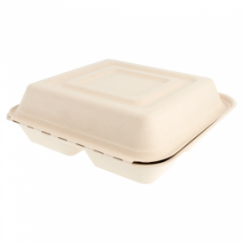 Sugarcane Hinged Container "Menu Box" 3 Compartments 25x25x7,5cm (250 Units)