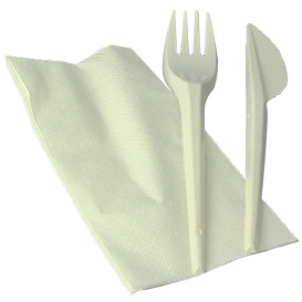 Cornstarch Cutlery Kit PLA : Fork + Knife + Napkin PLA (100 Units)