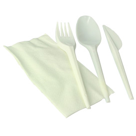 Cornstarch Cutlery Kit PLA : Fork+ Spoon + Knife + Napkin PLA (100 Units)