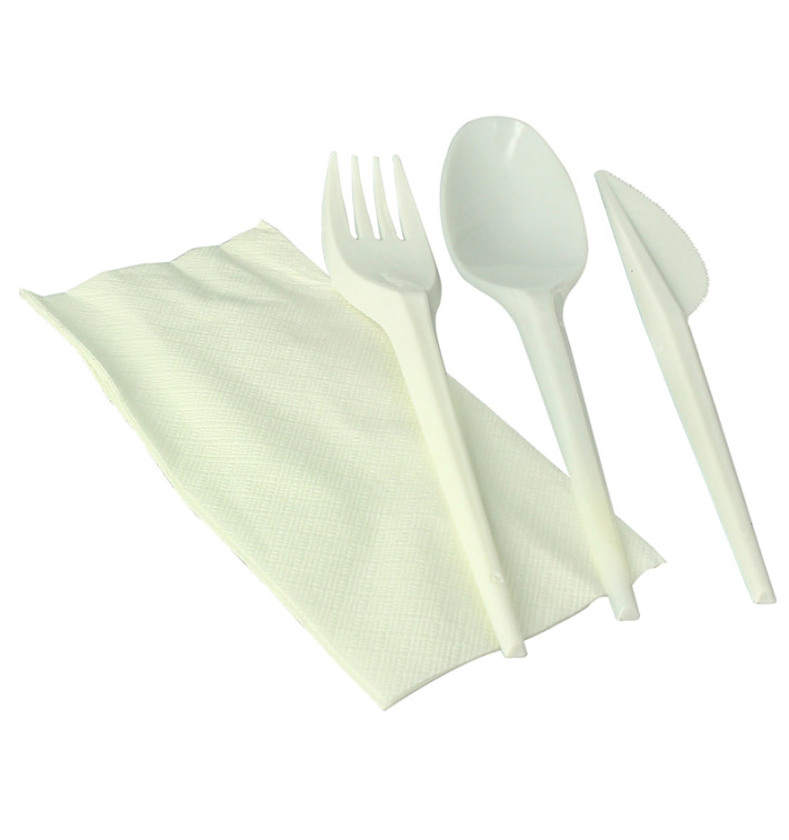 Cornstarch Cutlery Kit PLA : Fork+ Spoon + Knife + Napkin PLA (100 Units)