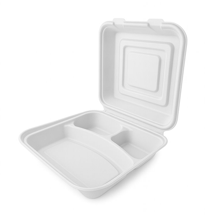 Sugarcane Hinged Container "Menu Box" White 3C 24x23x7,6cm (200 Units)