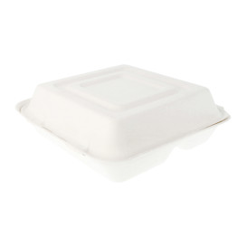 Sugarcane Hinged Container "Menu Box" White 3 Compartments 25x25x7,5cm (250 Units)