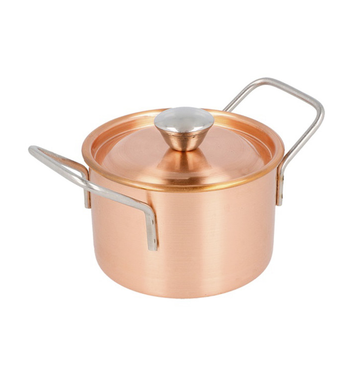 Serving Mini Cooking Pot Bowl Steel with Lid Copper Ø9x6cm (1 Unit) 
