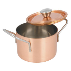 Serving Mini Cooking Pot Bowl Steel with Lid Copper Ø9x6cm (6 Units)