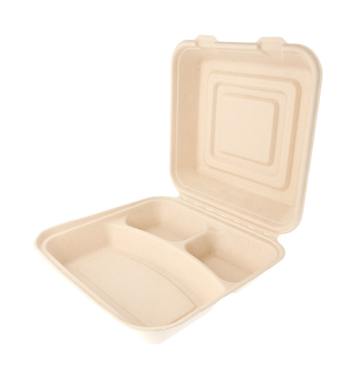 Sugarcane Hinged Container "Menu Box" 3 Compartments 25x25x7,5cm (250 Units)
