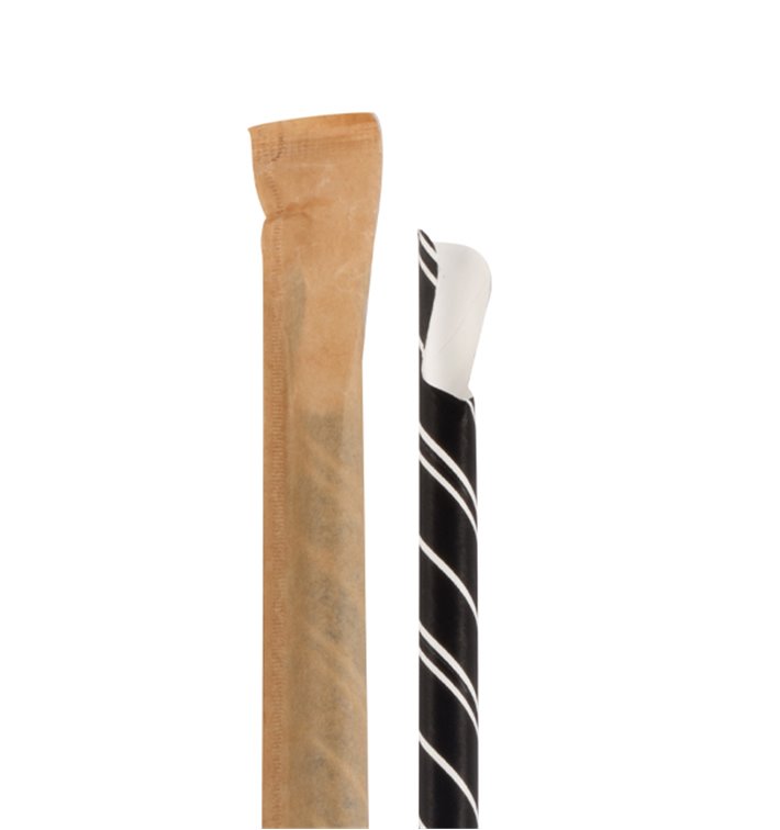 Paper Straw Straight Spoon Black Wrapped White Sleeve Ø0,8cm 21cm (100 Units) 