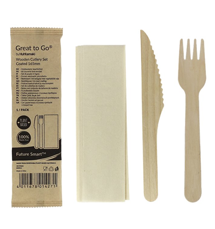 Wooden Varnished Cutlery Set of Fork, Knife and Napkin (250 Sets)