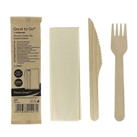 Wooden Varnished Cutlery Set of Fork, Knife and Napkin (25 Sets)