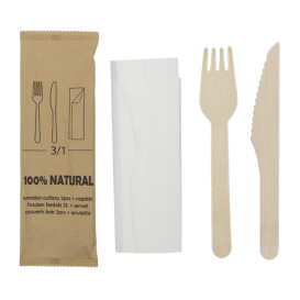 Cutlery Set Wood Fork, Knife, Napkin (25 Units)