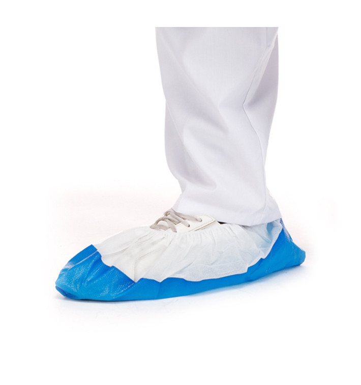 Disposable Plastic Shoe Covers with Reinforce Sole TST PP CPE White/Blue (100 Units)