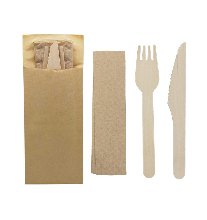 Wooden Cutlery Kit Fork, Knife and Napkin (1.200 Units)