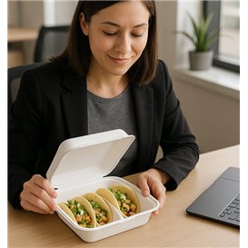 3-Compartment Fiber Taco Clamshell with Lid White 41x48x40cm (50 Units)