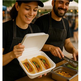 3-Compartment Fiber Taco Clamshell with Lid White 41x48x40cm (50 Units)