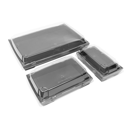 Black cardboard sushi box open showing the interior