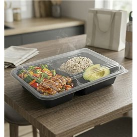 Black PP Plastic Container 2 Comp. with Lid 690ml 22,3x15,4cm (300 Units)
