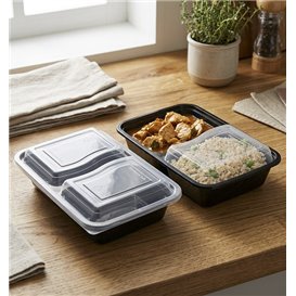 Black PP Plastic Container 2 Comp. with Lid 690ml 22,3x15,4cm (300 Units)