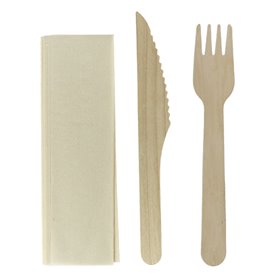 Wooden Varnished Cutlery Set of Fork, Knife and Napkin (25 Sets)